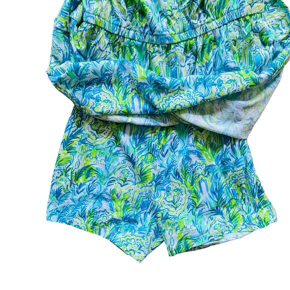 Lilly Pulitzer Idara One-Shoulder Romper XXS Green Blue Pom-Pom Resort Cruise - Picture 5 of 6